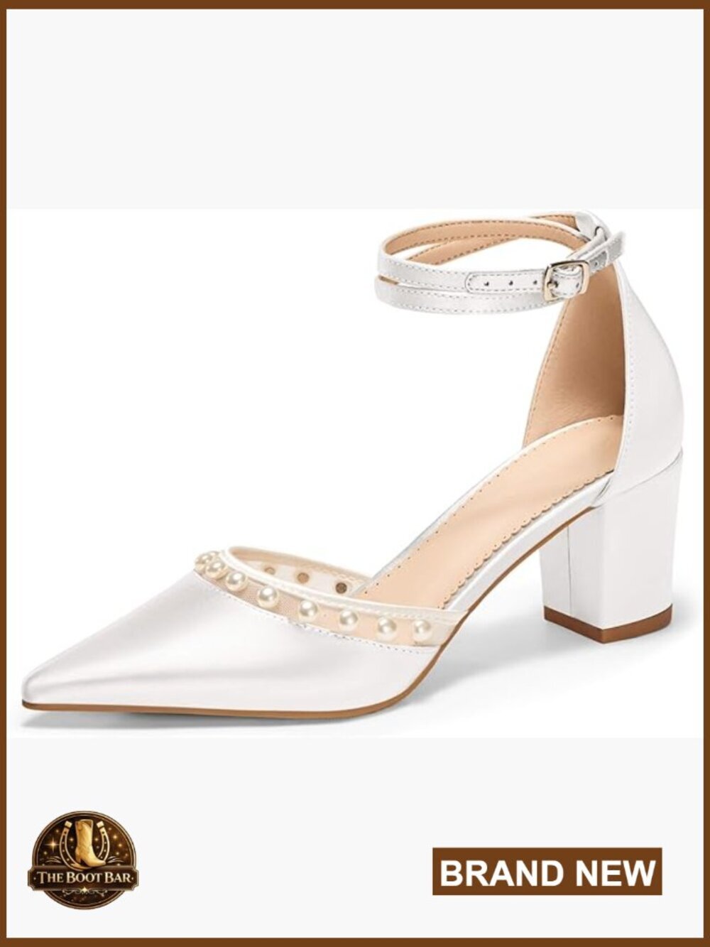 Chunky Heel Pearl Bridal Pumps Pointed Toe Ankle Strap Satin Wedding Shoes